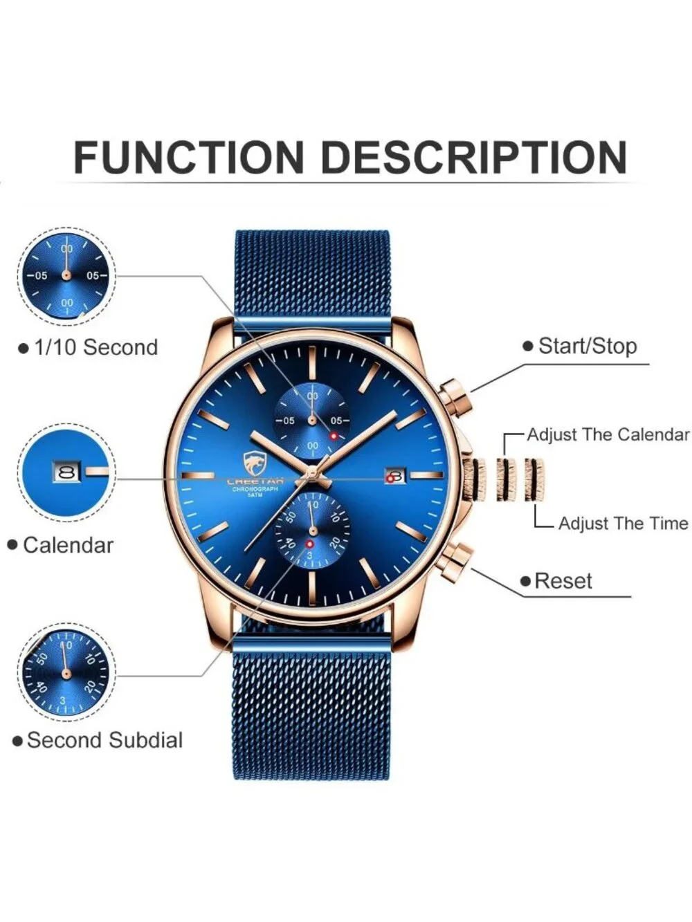 Men's Rose Blue Mesh Stainless Steel Minimalist Quartz Analog Chronograph Watch
